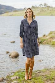 Model Alice wearing size S of the Alexa Dress in colour Navy (Blue), from the front, showing the whole outfit