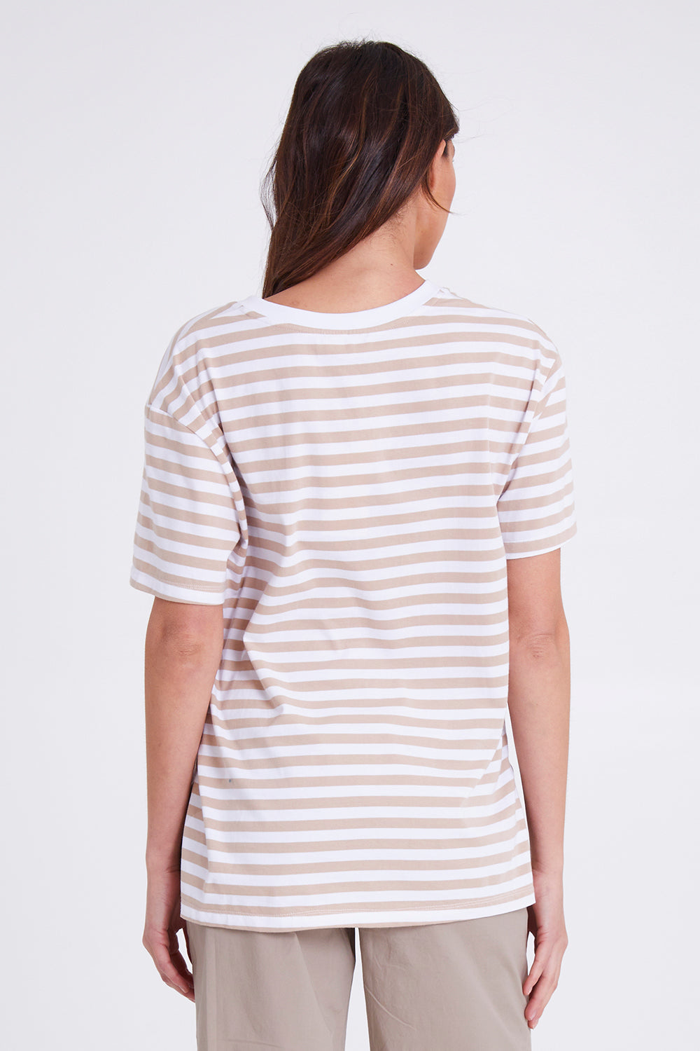 Model Madeline wearing size S of the Sailor Tee in colour Stonewhite (White), from the back