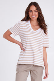 Model Madeline wearing size S of the Sailor Tee in colour Stonewhite (White), from the front, cropped image