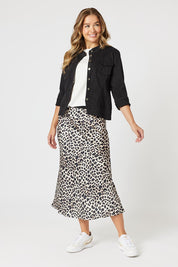 A model wearing the Maggie Denim Jacket in colour Black (Black), from the front, showing the whole outfit