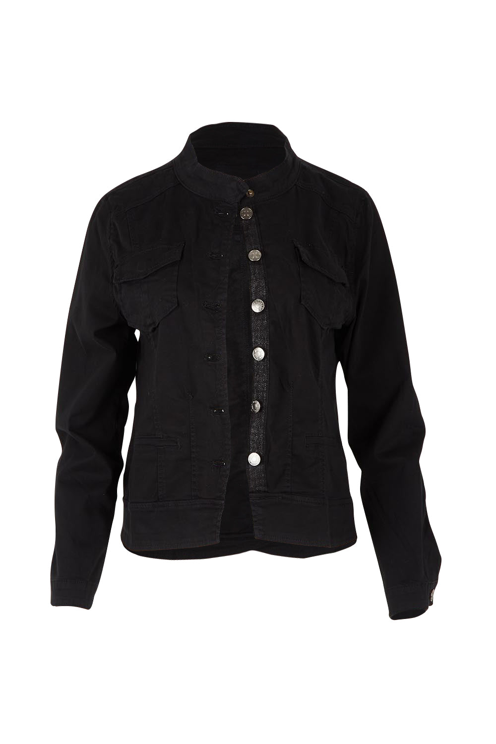 Product shot of the Maggie Denim Jacket in colour Black (Black), from the front