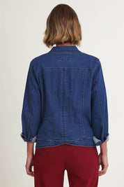 Model Riina wearing size S of the Maggie Denim Jacket in colour Darkdenim (Blue), from the back
