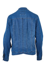 Product shot of the Maggie Denim Jacket in colour Darkdenim (Blue), from the back