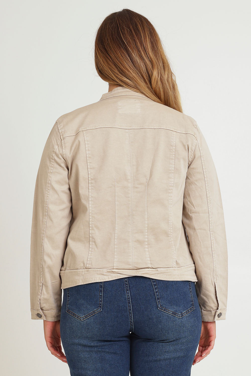 Model Chanel wearing size XL of the Maggie Denim Jacket in colour Natural, from the back