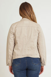Model Chanel wearing size XL of the Maggie Denim Jacket in colour Natural, from the back