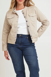 Model Chanel wearing size XL of the Maggie Denim Jacket in colour Natural, from the front, cropped image