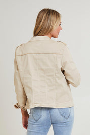 Model Grace wearing size S of the Maggie Denim Jacket in colour Natural, from the back