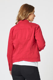 A model wearing the Maggie Denim Jacket in colour Red (Red), from the back