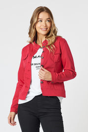 A model wearing the Maggie Denim Jacket in colour Red (Red), from the front, cropped image