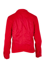 Product shot of the Maggie Denim Jacket in colour Red (Red), from the back