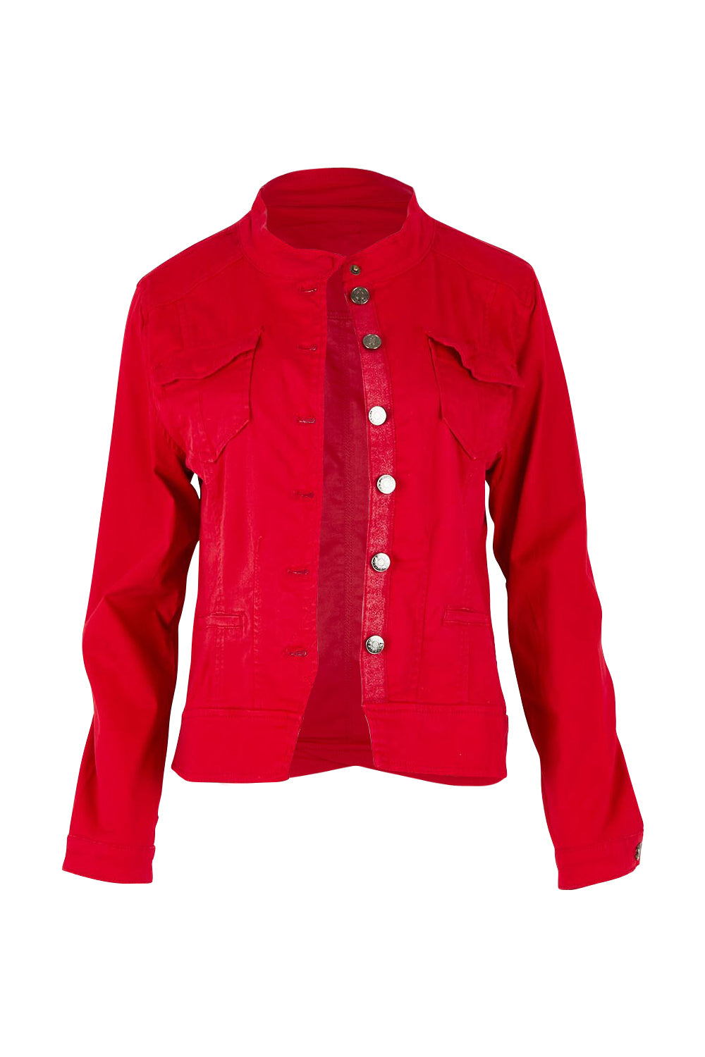 Product shot of the Maggie Denim Jacket in colour Red (Red), from the front