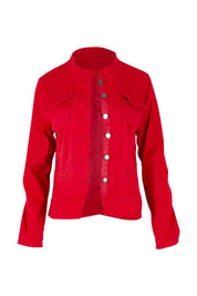 Product shot of the Maggie Denim Jacket in colour Red (Red), from the front