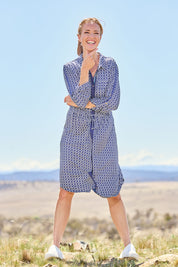 Model Katie wearing size S of the Sadie Square Dress in colour Navy (Blue), from the front, showing the whole outfit