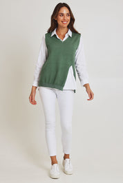Model Madeline wearing size S of the Vicky Side Split Knit Vest in colour Khaki (Green), from the front, showing the whole outfit