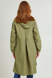 Model Katie wearing size S of the Long Travel Jacket in colour Khaki (Green), from the back