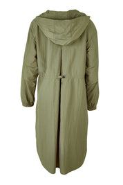 Product shot of the Long Travel Jacket in colour Khaki (Green), from the back