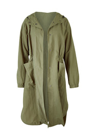 Product shot of the Long Travel Jacket in colour Khaki (Green), from the front