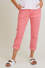 Model Grace wearing size S of the Isabella Cotton Pant in colour Pink (Pink), from the front, cropped image
