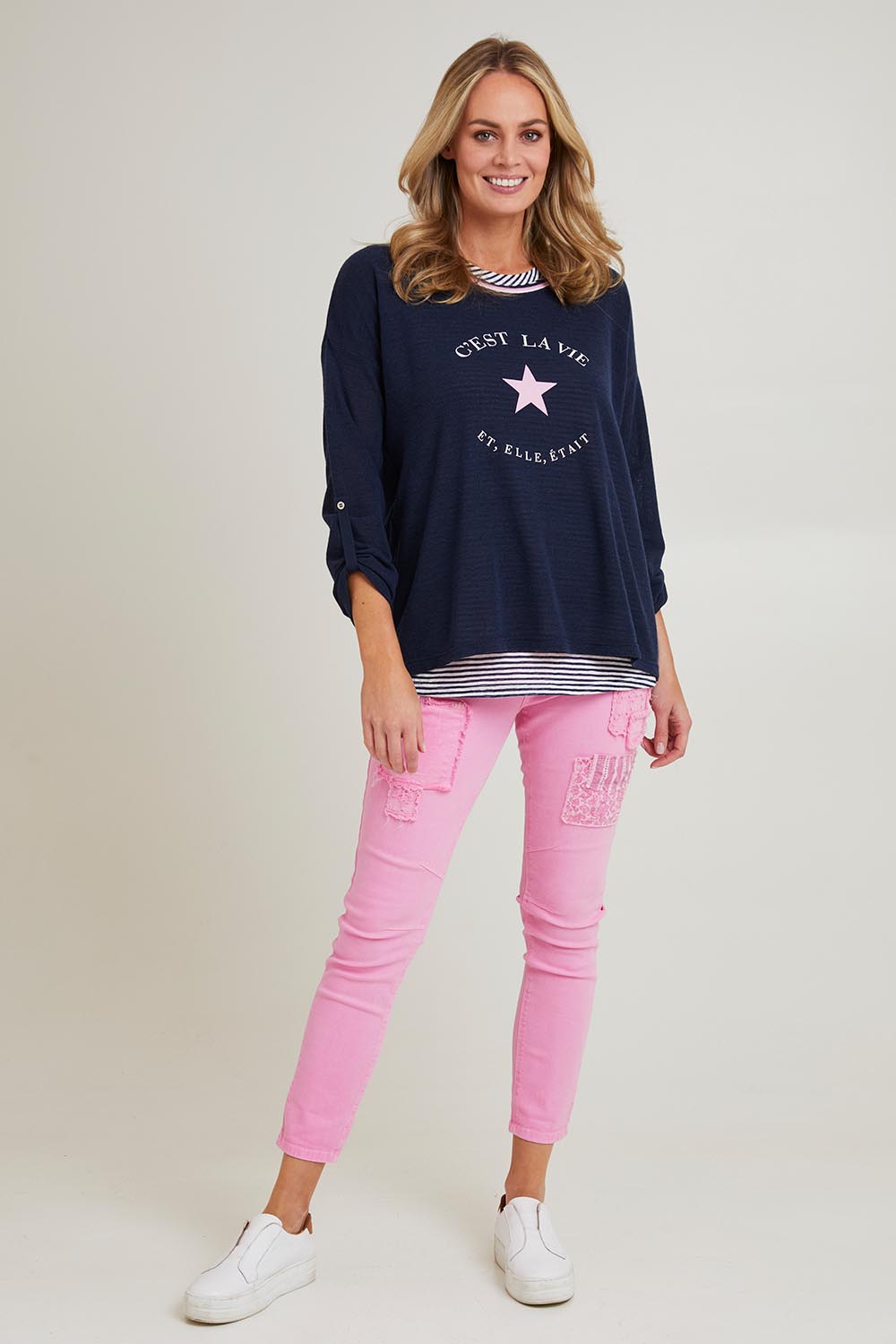 Model Grace wearing size S of the C'est La Vie 2 In 1 in colour Navy (Blue), from the front, showing the whole outfit