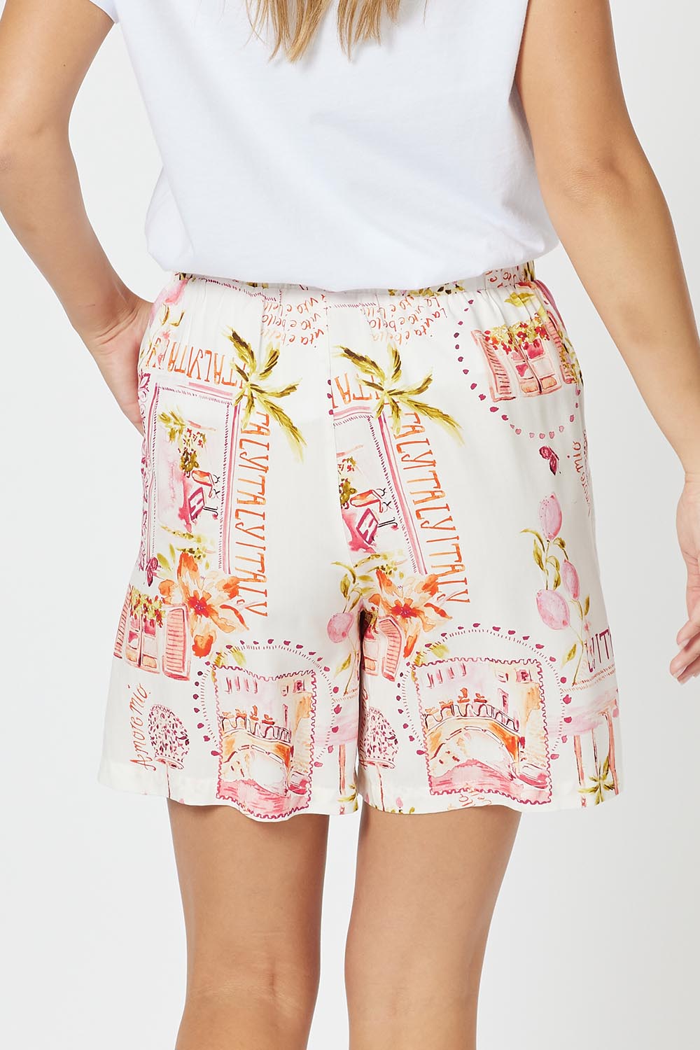 A model wearing the Ciao Bella Short in colour Pink (Pink), from the back
