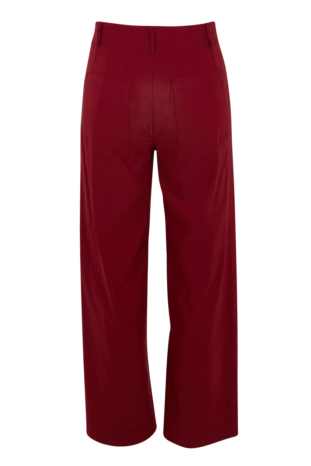 Product shot of The Marine Wide Leg Pant in colour Shiraz (Red), from the back
