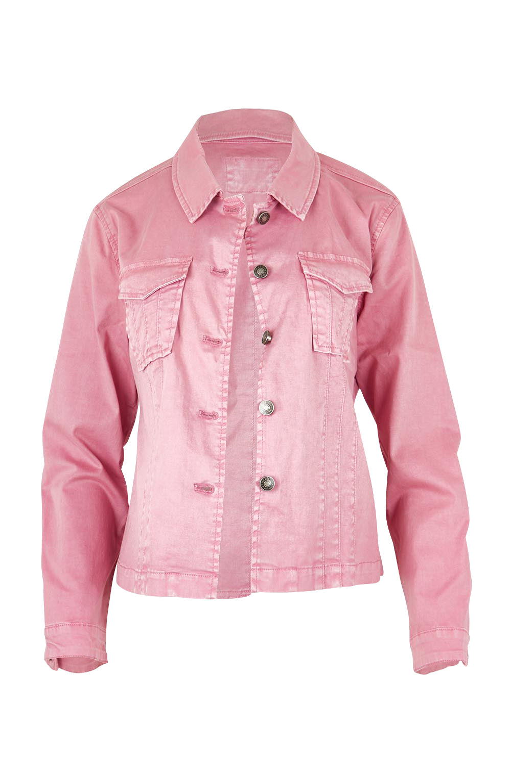 Product shot of the Retro Denim Jacket in colour Pink (Pink), from the front