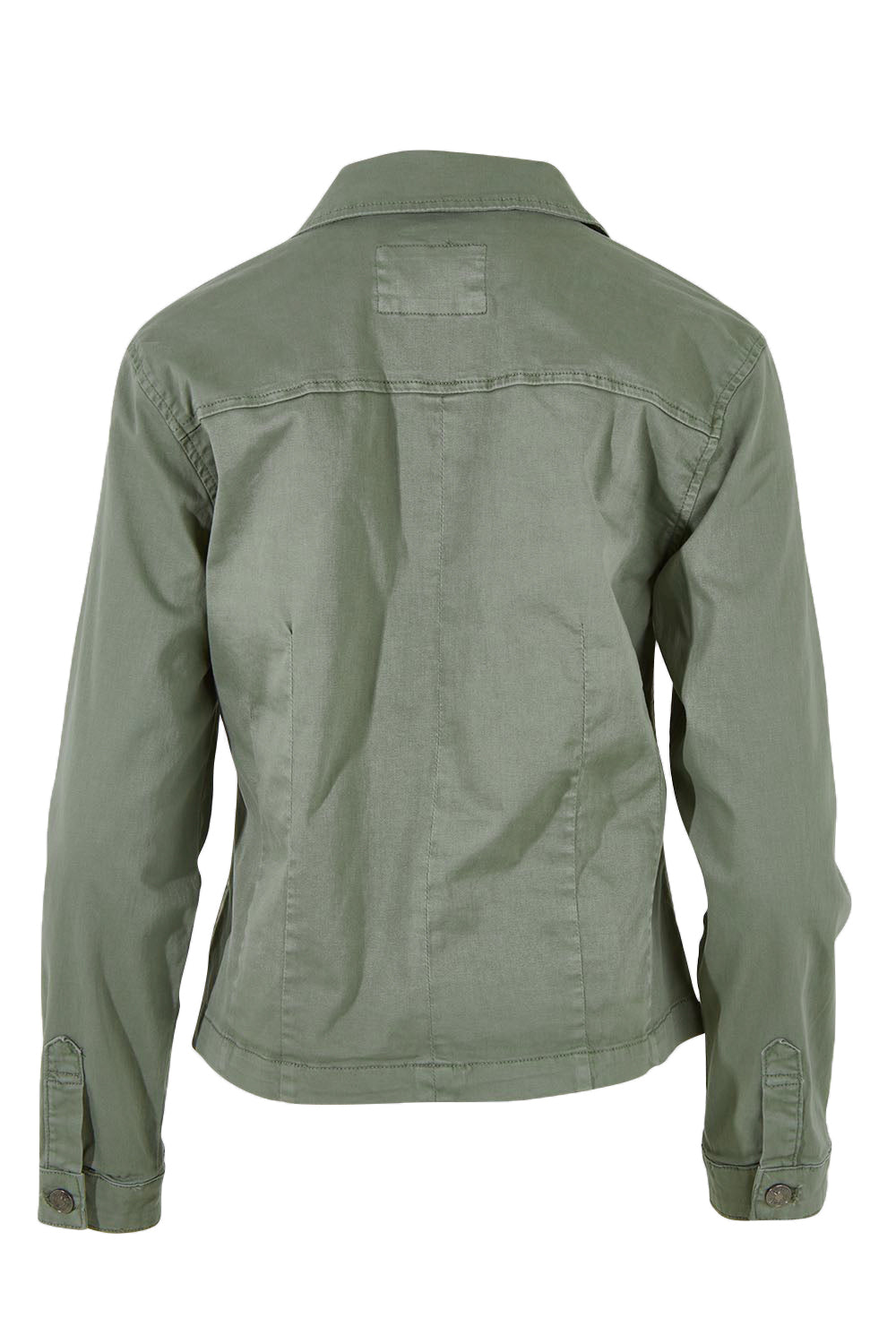Product shot of the Retro Denim Jacket in colour Washkhaki (Green), from the back