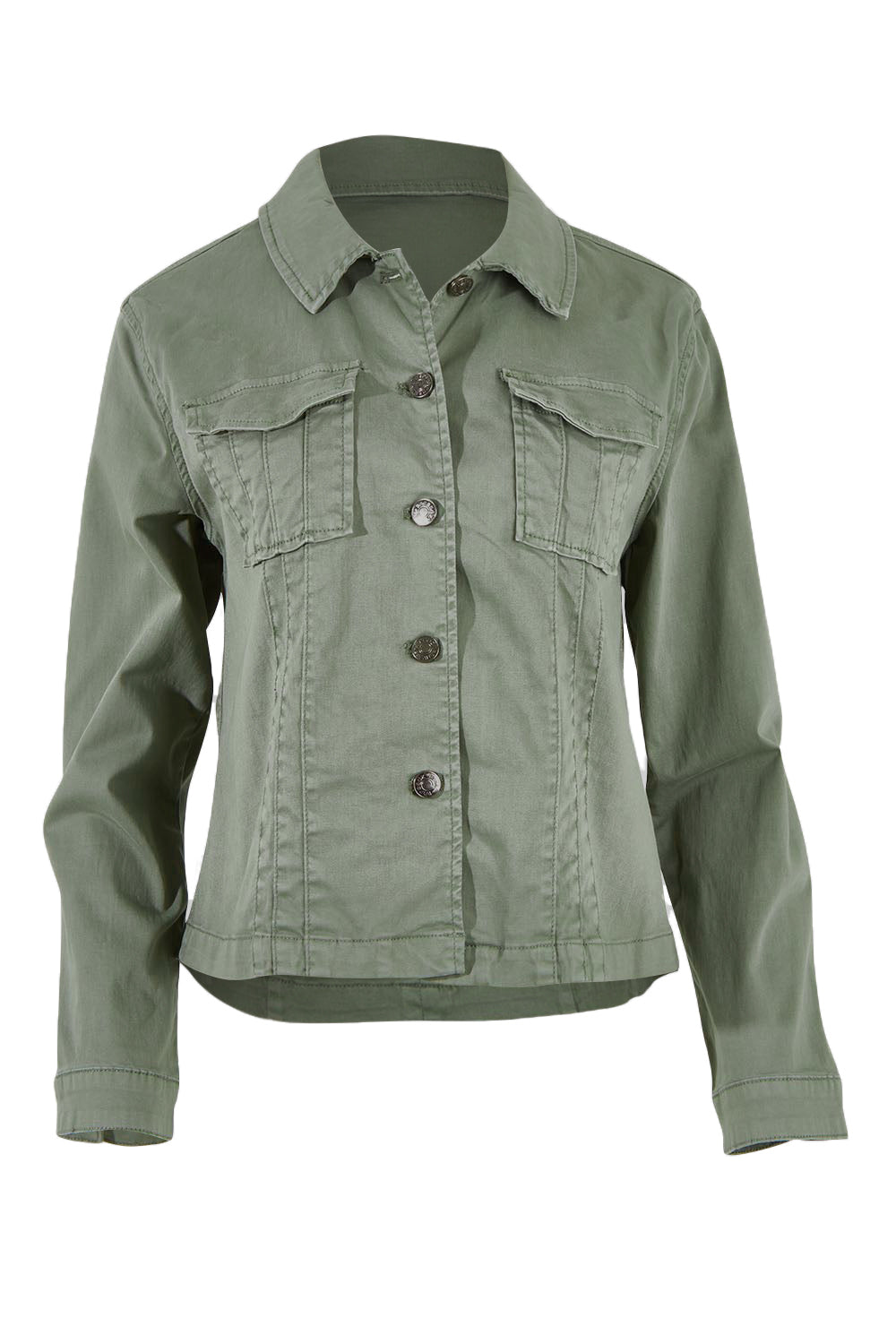 Product shot of the Retro Denim Jacket in colour Washkhaki (Green), from the front