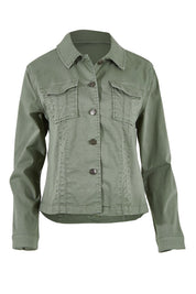 Product shot of the Retro Denim Jacket in colour Washkhaki (Green), from the front