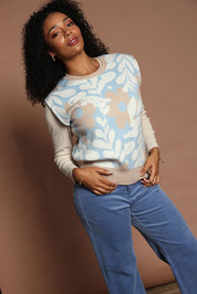 Model Ziara wearing size S of the Pasadena Vest in colour Blue (Blue), from the front, showing the whole outfit