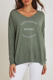 Model Madeline wearing size S of the Saint Barth Knit in colour Khaki (Green), from the front, cropped image