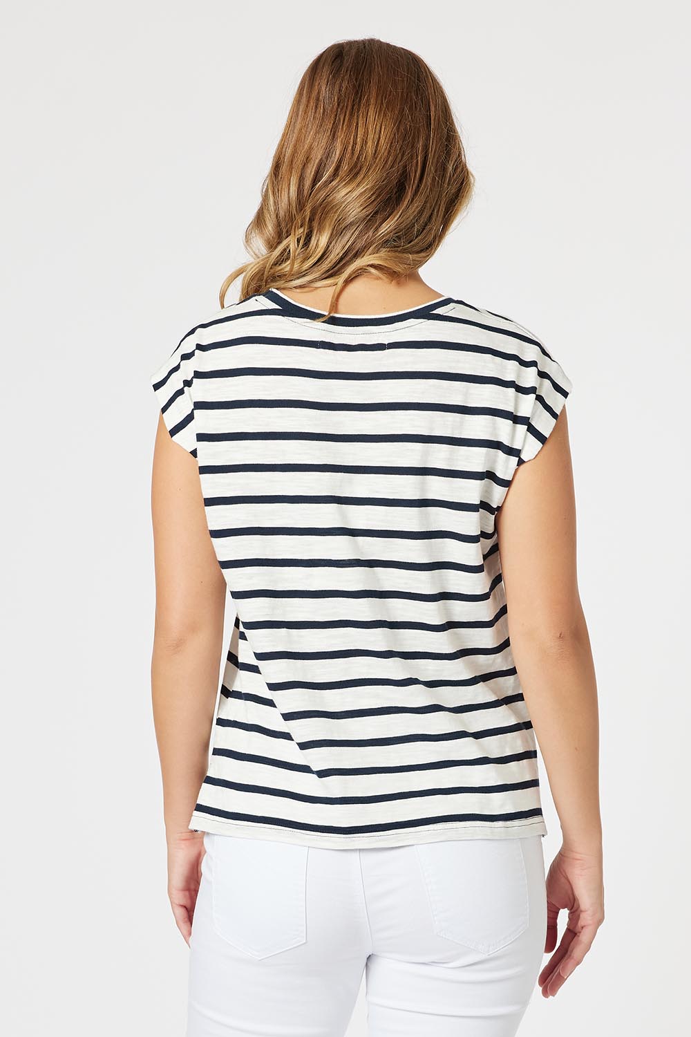 A model wearing the Amour Stripe Cotton Tee in colour Navy (Blue), from the back
