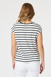 A model wearing the Amour Stripe Cotton Tee in colour Navy (Blue), from the back