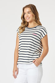 A model wearing the Amour Stripe Cotton Tee in colour Navy (Blue), from the front, cropped image