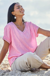 Model Eshan wearing size 10 of the The Sienna Linen Blend Tee - Pink in colour Pink, in a cropped view