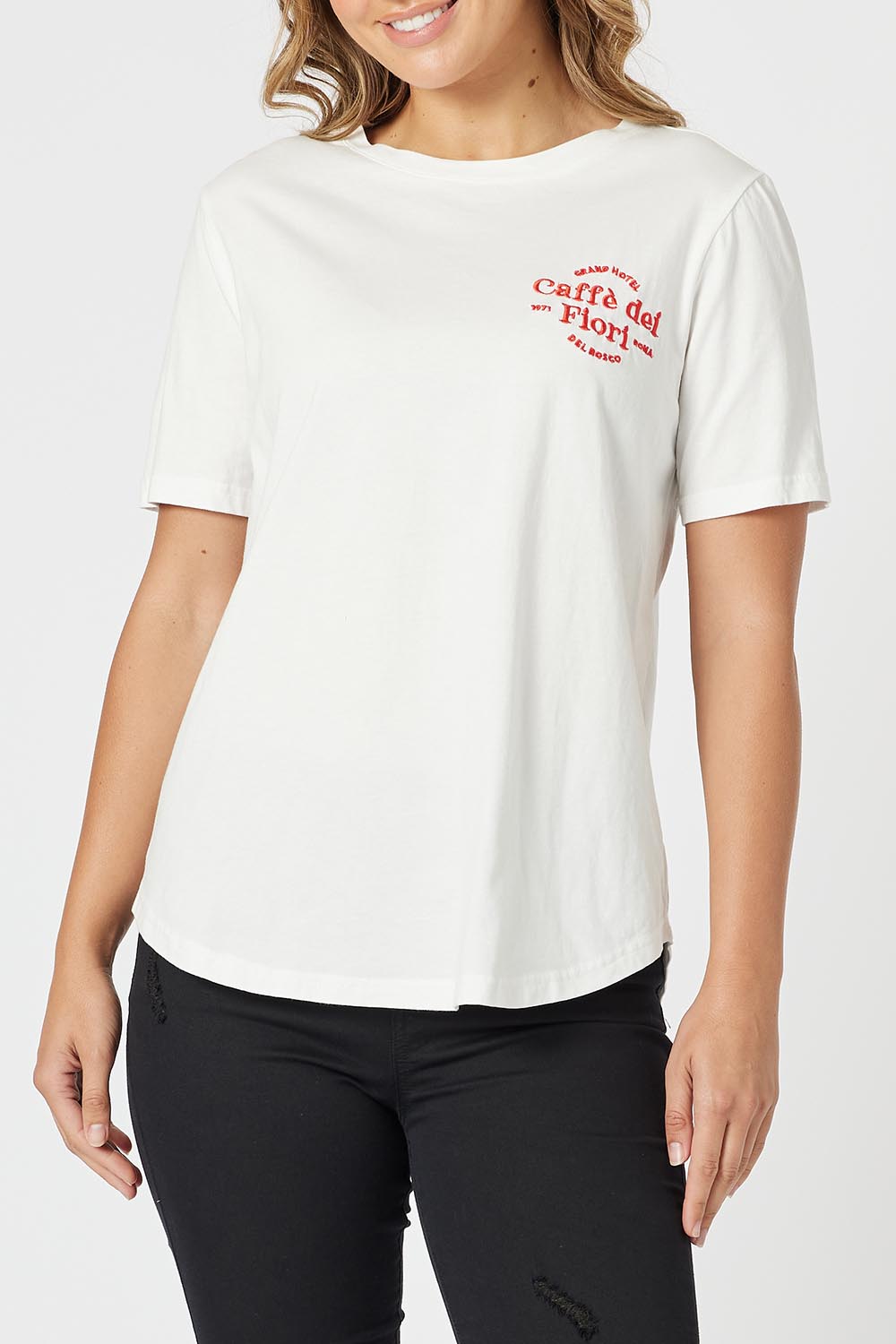 A model wearing the Caffe Cotton Tin colourShirt - Ivory (White), from the front, cropped image