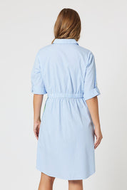 A model wearing the Skyler Stripe Cotton Dress in colour Blue (Blue), from the back