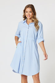 A model wearing the Skyler Stripe Cotton Dress in colour Blue (Blue), from the front, cropped image