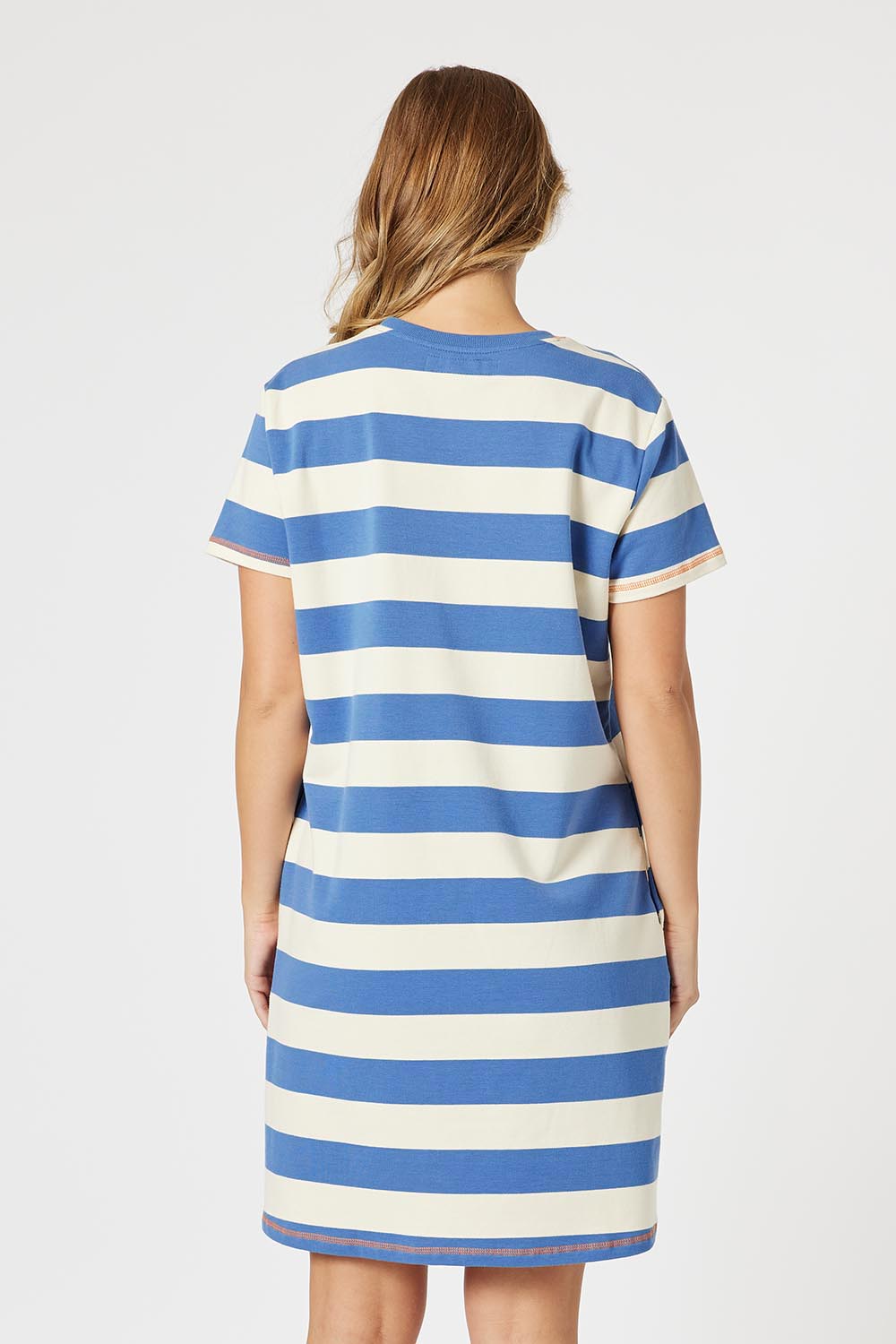 A model wearing the Love & Kisses Cotton Dress in colour Blue (Blue), from the back