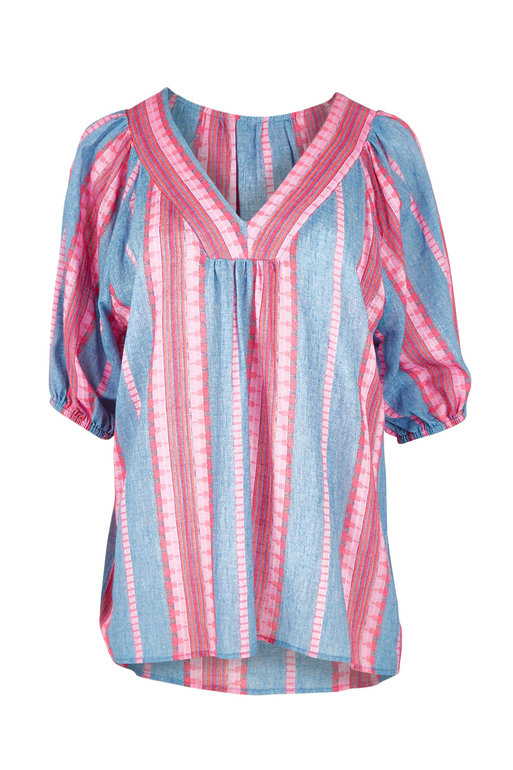 Product shot of the Bloom Stripe Cotton Top in colour Indigopink, from the front
