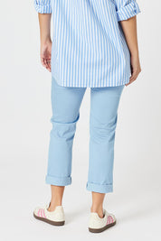 A model wearing the Isabella Cotton Pant in colour Blue (Blue), from the back