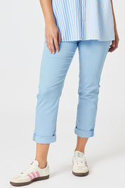 A model wearing the Isabella Cotton Pant in colour Blue (Blue), from the front, cropped image