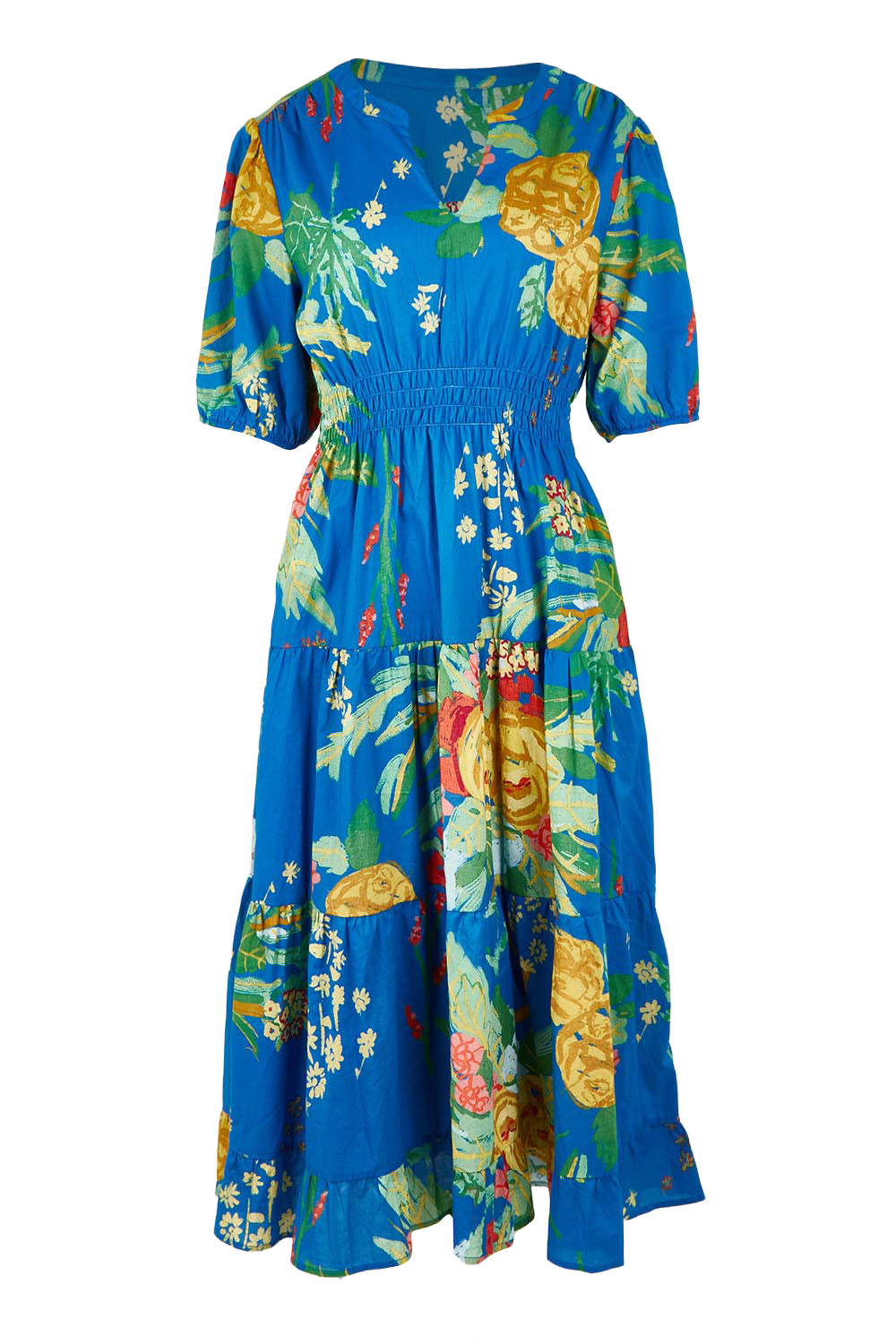 Product shot of the Tropics Cotton Dress in colour Blue (Blue), from the front
