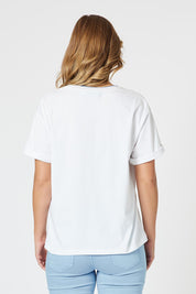 A model wearing the Heart Printed Cotton Tee in colour White (White), from the back