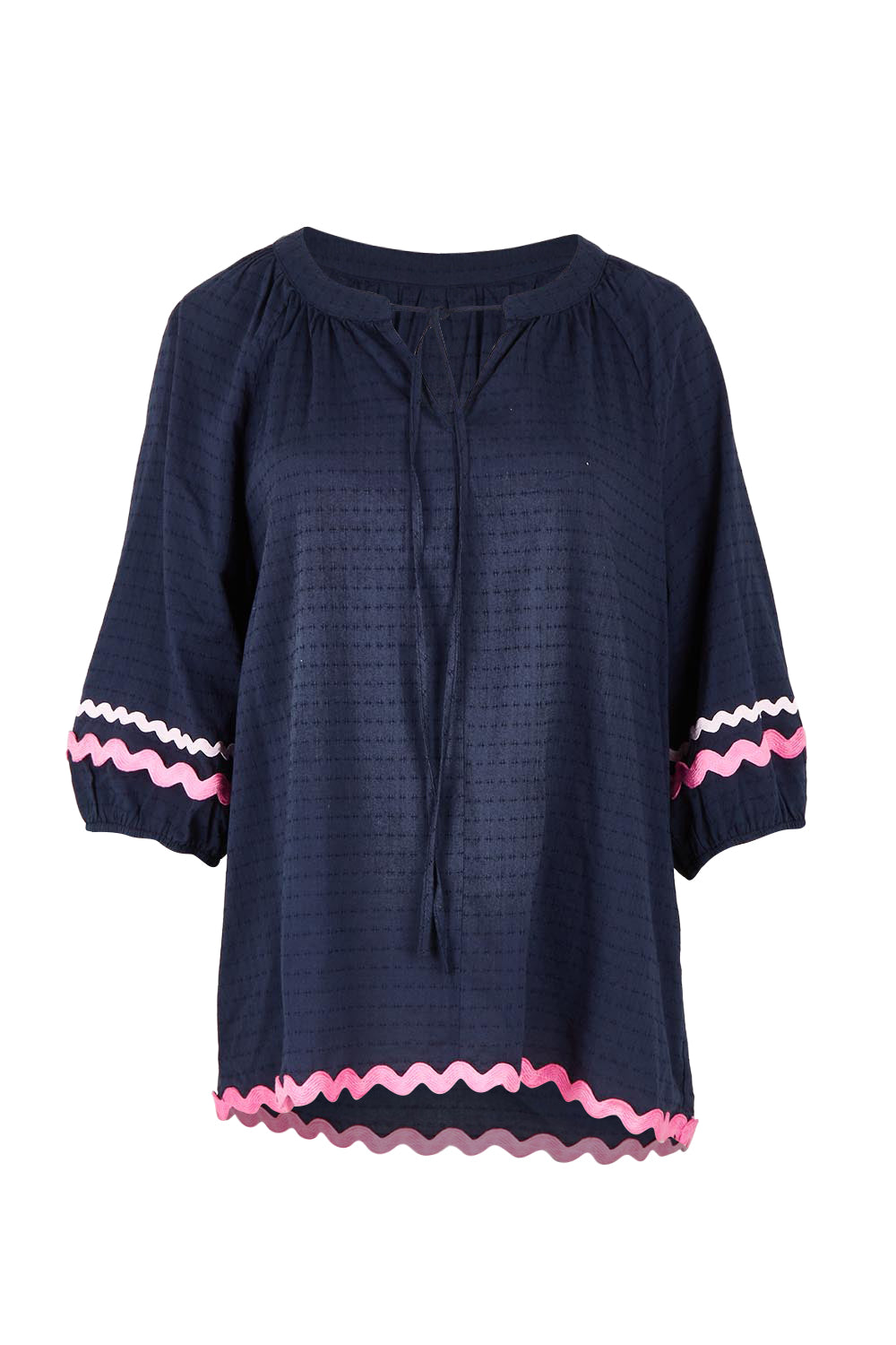 Product shot of the Ric Rac Cotton Top in colour Navy (Blue), from the front