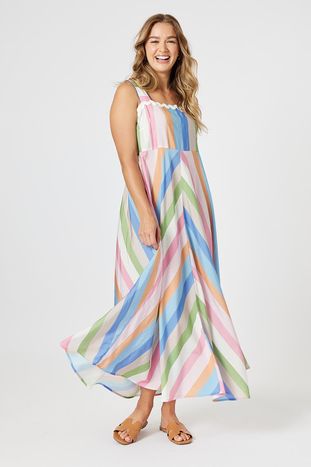 A model wearing the Lucy Stripe Sundress in colour Stripe, from the front, showing the whole outfit
