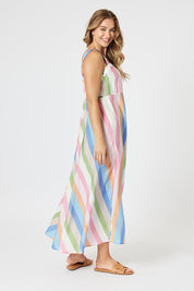 A model wearing the Lucy Stripe Sundress in colour Stripe, from the front, showing the whole outfit