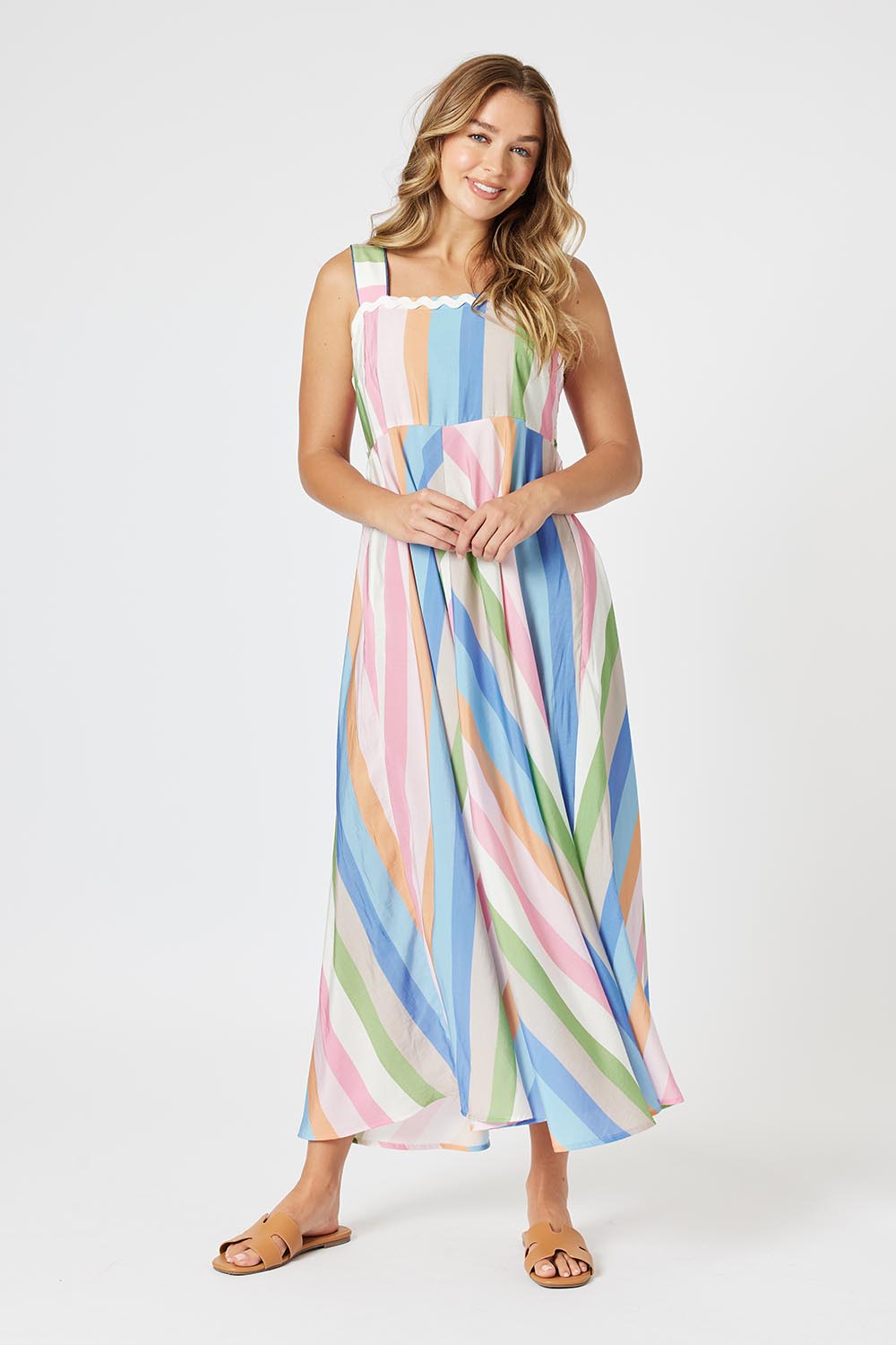A model wearing the Lucy Stripe Sundress in colour Stripe, from the front, showing the whole outfit