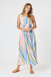 A model wearing the Lucy Stripe Sundress in colour Stripe, from the front, showing the whole outfit