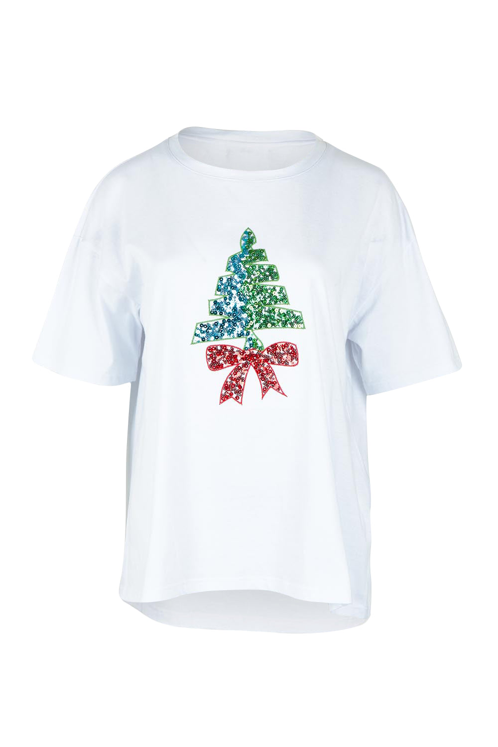 Product shot of the Sequin Christmas Tree Cotton Tee in colour White (White), from the front